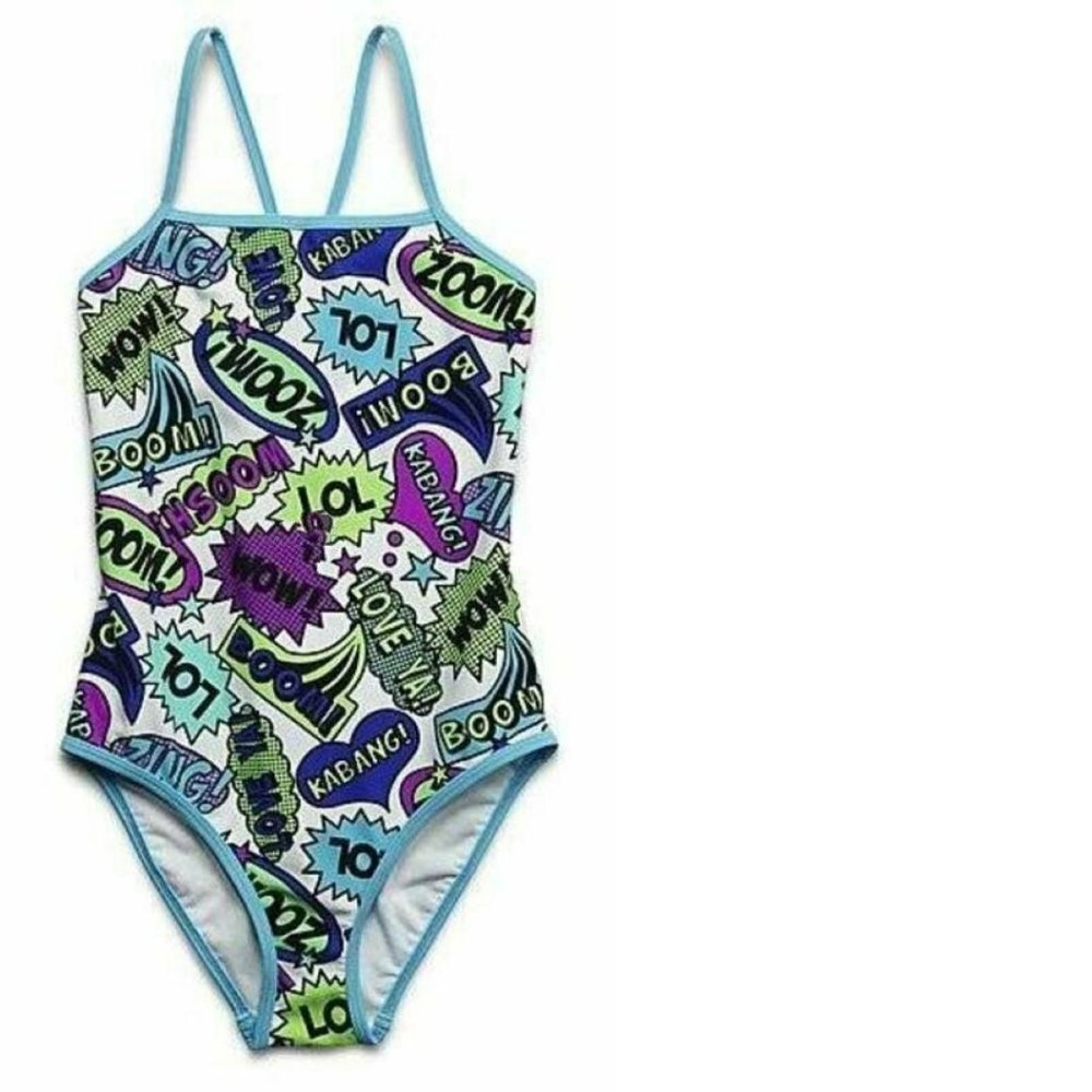 Girls 1 Pc Swimsuit & Skirt 4/5 Blue Comic Book Bathing Suit 2 Pc Set Joe Boxer